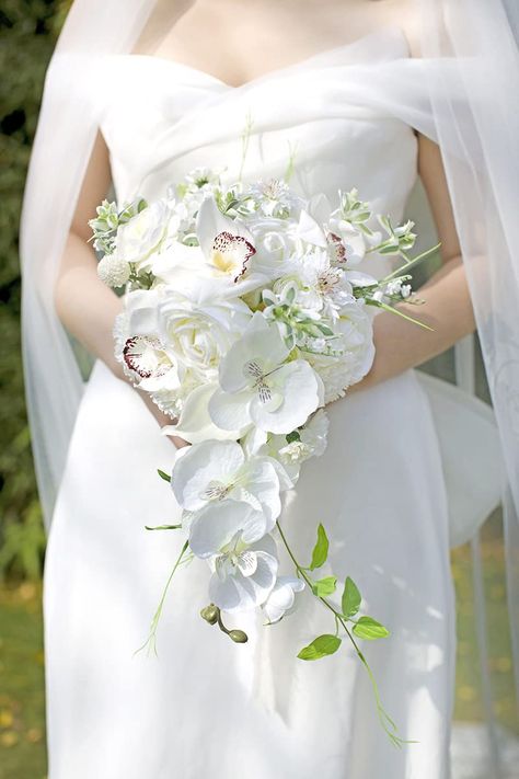 Bride Bouquets Unique, Orchid Calla Lily Bouquet, Bridal Flowers Bouquet Rustic, Green Orchid Bouquet, White Corsage And Boutonniere, Rustic Vintage Wedding Decor, All White Bridal Bouquet, White Lily Bouquet, Orchid Bridal Bouquets