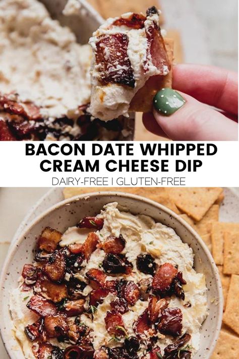 Bacon Date Whipped Cream Cheese Dip (Dairy Free) - Unbound Wellness Whipped Cream Cheese Dip, Date Dip, Dip Dairy Free, Bacon Cream Cheese Dip, Bacon Dates, Perfect Bacon, Unbound Wellness, Cream Cheese Dip, Dairy Free Cream Cheese