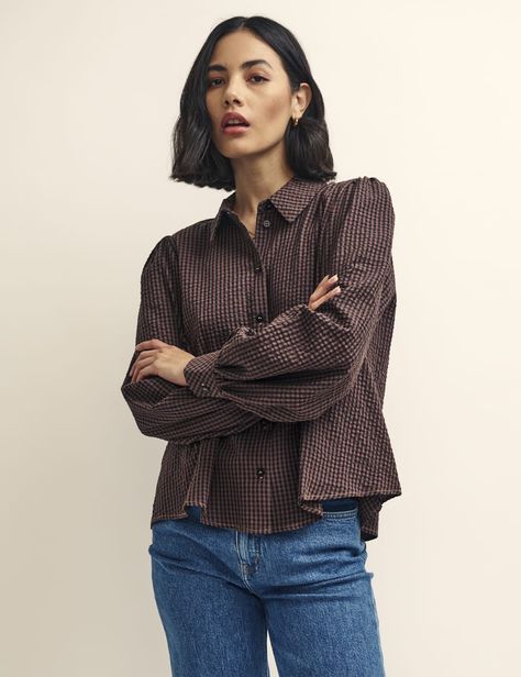 Brown Gingham Check Button Down Shirt | Nobody's Child Brown Plaid Shirt, Brown Gingham, Puff Sleeve Shirt, Faded Denim, Brown Plaid, Gingham Check, Womens Fall, Plaid Shirt, Fabric Care