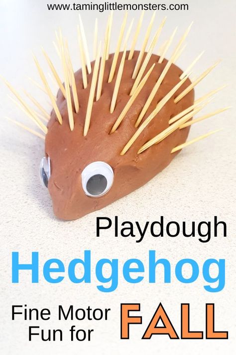 Playdough Hedgehog - Fun for Fall. This cute hedgehog is made out of playdough and toothpicks. It's a fun activity for kids who want to learn fine motor skills while they play. Perfect for toddlers and preschoolers to try this Fall/Autumn.  Fall | Autumn | Toddler | Preschooler | Fine Motor | Kids activities | Toddler activities | Preschool activities Play Ideas For Toddlers, Fall Activities For Toddlers, Autumn Activity, Mini Beasts, Zoo Activities, Animal Activities For Kids, Hedgehog Craft, Steam Ideas, Fine Motor Activities For Kids