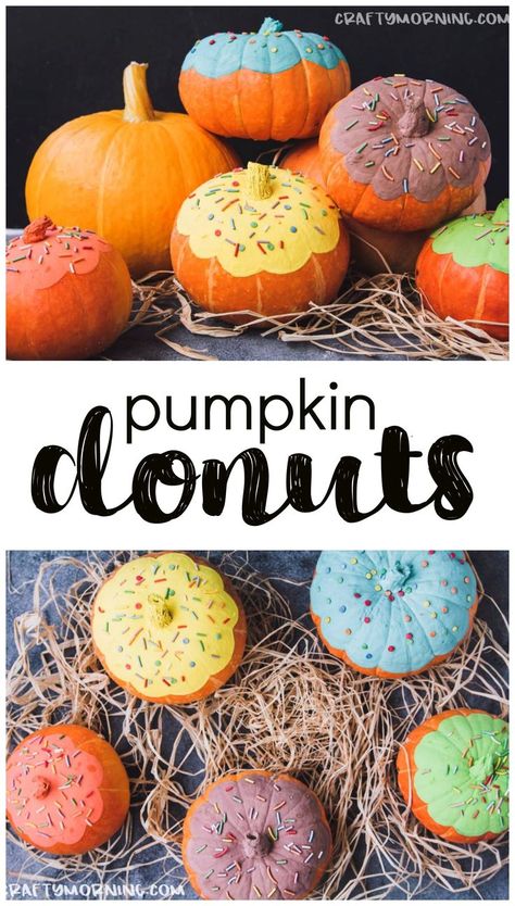 Painted pumpkin donuts...fun pumpkin decorating idea that is easy and cute! Pumpkin doughnuts. pumpkin no carve idea Doughnuts Easy, Pumpkin Doughnuts, Pumkin Decoration, Pumpkin Doughnut, Craft Projects For Adults, Donut Decorations, Halloween Pumpkins Painted, Painted Pumpkin, Fun Pumpkins