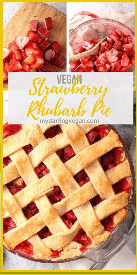 This classic Vegan Strawberry Rhubarb Pie is the perfect summertime dessert. The filling can be made in advance for a quick and easy treat the whole family will love.    #VeganPie #VeganDessert #RhubarbPie Vegan Strawberry Rhubarb, Strawberry Rhubarb Pie Filling, Strawberry Rhubarb Pie Recipe, Rhubarb Recipes Pie, Vegan Pie Crust, Strawberry Rhubarb Pie, Tart Filling, Rhubarb Pie, Easy Treat