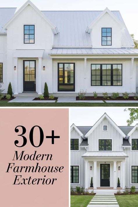 30+ Modern Farmhouse Exterior Ideas to Transform Your Home  Explore stunning modern farmhouse exteriors that can change your home's look. From charming wood accents to inviting porches and stylish siding these ideas blend rustic and contemporary design. Enhance your curb appeal with beautiful landscaping and cozy outdoor spaces. Your dream home awaits with these creative inspirations! https://fabricerie.com/modern-farmhouse-exterior White Farmhouse Brick Skirt, Modern Farmhouse One Story Exterior, White Brick House With Wood Accents Exterior, Board And Batten White Exterior, Board And Batten Mixed With Horizontal Siding, Modern Farmhouse California, Dream Home Exteriors Modern Farmhouse, Farmhouse Exterior Doors Entrance, Modern Farmhouse Stucco Exterior