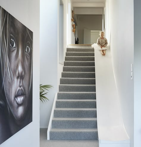 This stylish North Shore home has an indoor slide for the kids Staircase Slide, Boho Chic Interior Design, Indoor Slide, Stair Slide, Boho Chic Interior, Bohemian Bedroom Design, House Slide, Indoor Slides, Take The Stairs