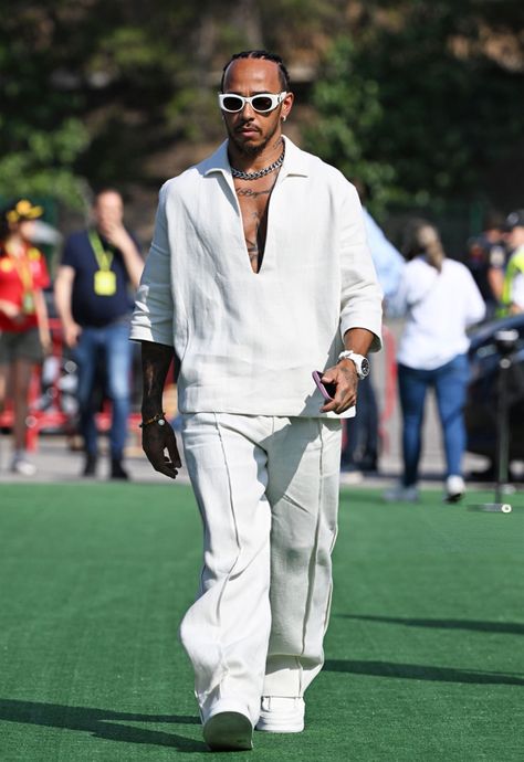 All White Mens Outfit, Hamilton Outfits, Lewis Hamilton Formula 1, Spanish Grand Prix, Latest African Men Fashion, Fire Fits, White On White, African Men Fashion, African Men