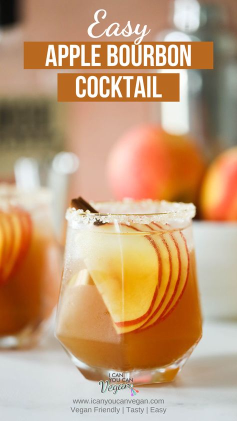 This apple bourbon cocktail includes apple cider mixed with whiskey, served over ice and garnished with fresh apple slices + a cinnamon stick! Apple Bourbon Cocktail, Apple Whiskey Drinks, Bourbon Apple Cider, Vegan Drinks Recipes, Apple Whiskey, Apple Cider Cocktail, Apple Bourbon, Bourbon Recipes, Bourbon Cocktail