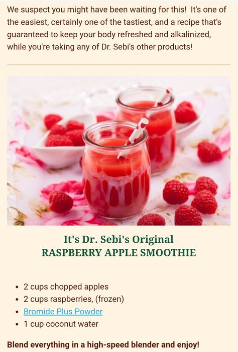 Raspberry apple smoothie Dr. Sebi Holistic Desserts, Dr Sabi, At Home Cleanse, Alkaline Drinks, Home Cleanse, Alkaline Smoothie, Sebi Recipes, Temple Food, Dr Sebi Recipes Alkaline Diet