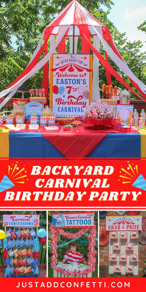 Carnival Booth Decorations, Diy Circus Birthday Party, Temporary Tattoo Carnival Booth, Kids Carnival Birthday Party Games, Carnival Birthday Party Invite, Cheap Carnival Party Ideas, Funfair Themed Birthday Party, Fun Fair Birthday Party, Five Ring Circus Birthday Party