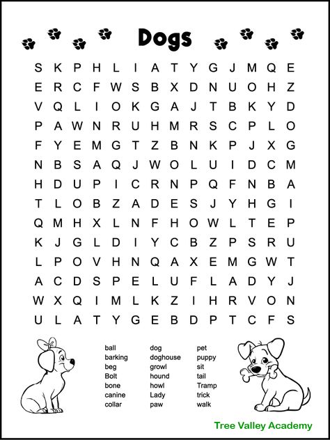 A free printable dog themed word search for kids. The difficulty level is between easy and medium, and would be perfect for children around 3rd or 4th grade. The printable puzzle has 21 hidden words to find and circle. Words are hidden in all directions. The pdf of the large print word search includes answers. Third Grade Word Search, Word Search For 2nd Grade, Large Print Word Search Printable, 3rd Grade Word Search, 2nd Grade Word Search Free Printable, Simple Word Search For Kids, Cute Word Search, Free 3rd Grade Printables, Word Search 3rd Grade