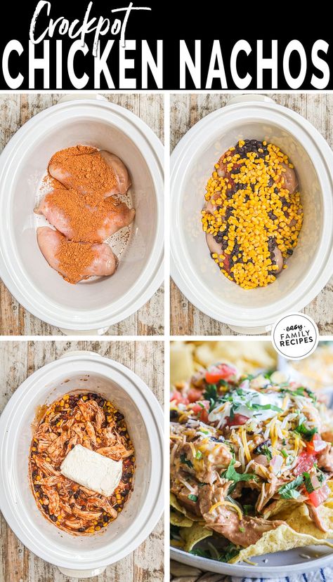 Crockpot Chicken Nachos Recipe, Chicken Nachos Crockpot, Dinner Shredded Chicken, Crockpot Chicken Nachos, Shredded Chicken Nachos, Creamy Crockpot Chicken, Shredded Chicken Crockpot, Black Beans And Corn, Chicken Nachos Recipe