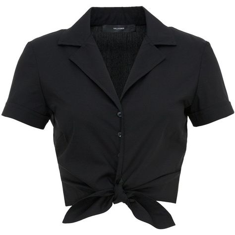 Hallhuber Cotton tied hem top with short sleeves ($45) found on Polyvore featuring tops, blouses, shirts, crop tops, black, clearance, shirts & blouses, collared shirt, crop shirts and black collared shirt Crop Tops Black, Mode Rockabilly, Black Collared Shirt, Shirts Crop Tops, Shirts Crop, Black Short Sleeve Shirt, Tie Shirt, Elegante Casual, Retro Mode