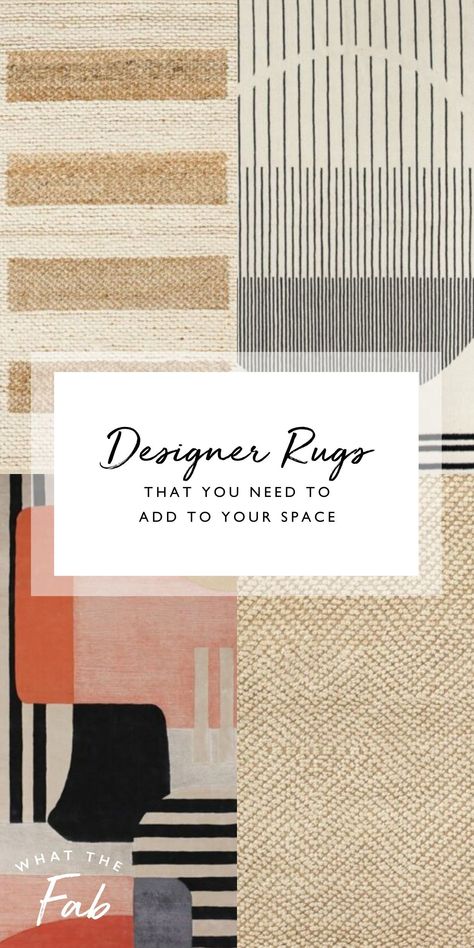 The best way to decorate and spice up your space is by adding area rugs. I’m so excited to be sharing this list of my current favorite designer rugs to make your space feel brighter and more spacious! Designer Rugs That You Need to Add to Your Space | What The Fab Rugs To Make, Expensive Rug, Statement Rug, Designer Rugs, Small Space Organization, Chic Rug, Neutral Prints, Solid Rugs, Pretty Decor