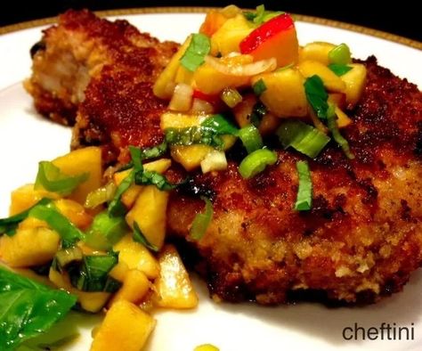 Panko Breaded Pork Chops with Peach Relish Pork Peaches Recipe, Peaches And Pork, Panko Breaded Pork Chops, Panko Pork Chops, Peach Relish, Peaches Recipes, Peach Pork Chops, Breaded Pork Chops, Pork Chop Dinner