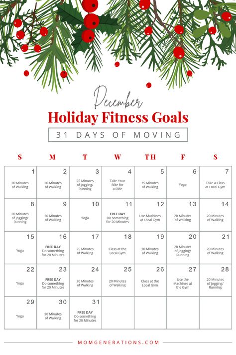 December Fitness Goals - 31 Days of Moving - Here's to December Fitness and Getting yourself in Shape. We all need to be accountable and do something to help keep us moving. 31 Days of Fitness Goals for YOU! December Exercise Challenge, December Workout Challenge, December Fitness Challenge, Holiday Fitness Quotes, Christmas Workout Challenge, Christmas Workouts, Fitness Bingo, Fitness Challenge Ideas, December Goals