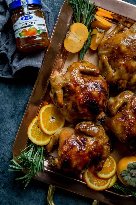 Apricot Glazed Cornish Game Hens arranged on a platter with orange slices and persimmon. Glazed Cornish Hen Recipe, Hen Recipes, Game Hen Recipes, Cornish Game Hen Recipes, Cornish Game Hens, Cornish Hen Recipe, Game Hens, Cornish Hen, Cornish Game Hen