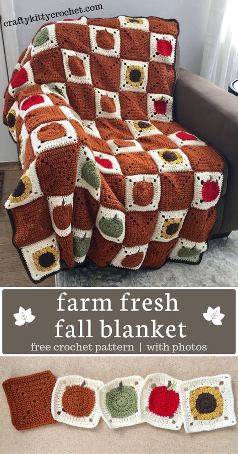 Time to celebrate some of the best things about fall-apples, pumpkins, and sunflowers!  What better way to do that than by cozying up with this fall afghan, which features all of the above fall staples?  You can customize your blanket to have as many red and green apples, pumpkins, sunflowers, and rust colored accent squares as you like! #grannysquare #crochetblanket #crochetafghan #sunflowergrannysquare #crochetpumpkin #crochetapple #rustic #farmhouse #freecrochetpattern #crochetblanketpattern Crochet Fall Leaf, Fall Afghan, Fall Blankets, Fall Blanket, Fall Crochet Patterns, Fall Crochet, Crochet Blanket Designs, Fall Staples, Crochet Quilt