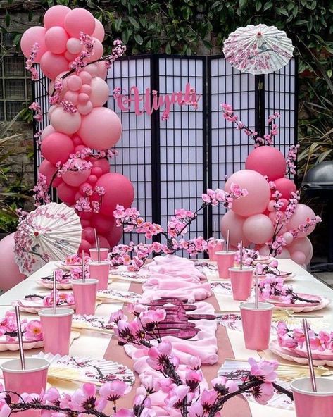 Geisha Birthday Party, Geisha Party Theme, Cherry Blossom Balloon Garland, Cherry Blossom Balloon Arch, Japanese Inspired Party, Nezuko Party Ideas, Japanese Decorations Party, Nezuko Birthday Party Ideas, Korean Party Decorations