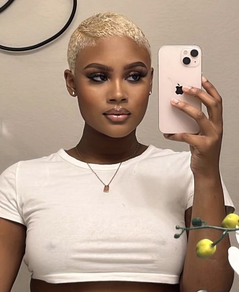 Shaved Hair Blonde, Pixie Haircut For Black Women Blonde, Short Blonde Hair On Black Women, Blond Shaved Hair, Buzzcut Women Black, Two Tone Pixie Cut, Blonde Fade Black Women, Short Blonde Hairstyles For Black Women, 2023 Asian Hair