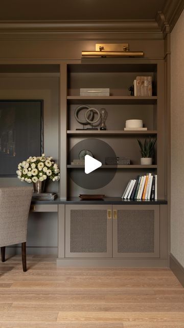 Kate Rumson on Instagram: "Start to finish in 60 seconds - if only real-life construction were this easy. 

Design: yours truly
Chair and ottoman: @hookerfurnishings 
Hardware: Modern Rectangular Flush Pulls by @emtek_products 
Faux flowers: @elevengardens 
Picture lights: Stokes by @hinkleylighting 
Paint color: Smokehouse by @sherwinwilliams 
Floor: engineered wood by @duchateauofficial in finish Lugano
Crown and base molding: @novobp 
(brand partners)" Kate Rumson, Base Molding, Tv Lounge, Picture Lights, Base Moulding, Easy Design, If Only, 60 Seconds, Picture Light