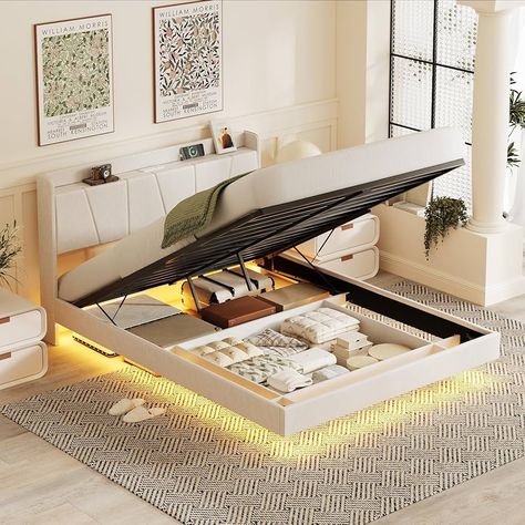 Amazon.com: Halitaa Queen Size Bed Frame Floating Bed Frame with LED Lights & Lift Up Storage Upholstered PU Leather Platform Bed with Charging Station, Headboard Modern Storage Bed, No Box Spring Needed, White : Home & Kitchen Bed Frame Floating, Bedframe Ideas, Modern Storage Bed, Modern Storage Beds, Lift Up Bed, Floating Side Table, Bed Frame With Led Lights, Headboard Modern, Lift Storage Bed