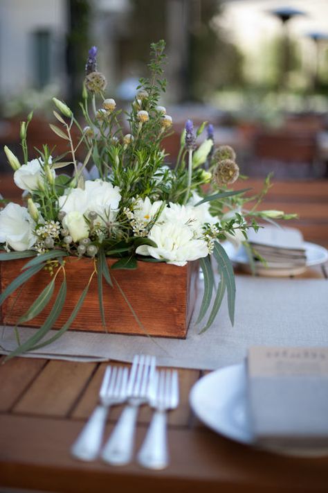 going with white and green is nice and simple. you can add small color pops too. (i think that lavender comes in a very light variety that could almost be that light blue.) I love the rosemary in here and the idea of using herbs in general-L Garden Party Flowers, Wood Box Decor, Wood Box Centerpiece, Christmas Decorations Centerpiece, Event Centerpiece, Box Light, Culver City, Pretty Box, Wood Box