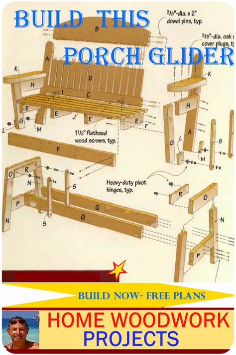 Build this delightful Rustic Porch Glider for your leisure time outside with sundowner drinks. The simplified design is perfect for Beginner Woodworkshop Artisan to the Professional Home Owner Business Woodworkshop. The design allows for easy fabrication and assembly. There are futher resources for 90 projects and 16,000 woodwork plans #woodworkshopprojects #woodworkshopprojectsthatsell #woodworkprojectsthatsell #beginnerwoodworkprojects Porch Glider Plans, Wooden Bench Plans, Porch Glider, Woodworking Blueprints, Patio Glider, Building A Porch, Woodworking Bench Plans, Rustic Porch, Small Woodworking Projects