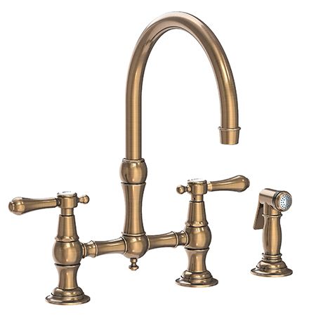 Chesterfield - Kitchen Bridge Faucet with Side Spray - 9458 - || Newport Brass Newport Brass Kitchen Faucet, Bridge Faucet Kitchen, Antique Brass Kitchen, Bridge Faucet, Brass Kitchen Faucet, Newport Brass, Brass Kitchen, Brass Faucet, Group 2