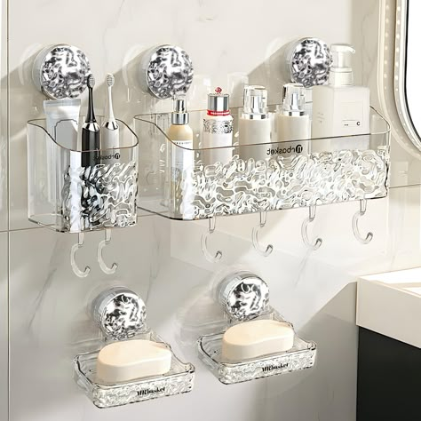 PRICES MAY VARY. 【4 Pieces Set】No drill clear wall caddy is composed of 1 large clear shower shelf, 1 small clear shower organizer, 2 bathroom soap boxes, which can fully meet your needs. 【No Punching】Luxury bathroom shelf without any tools, just dry the surface, tear off the protective film, press on the wall and rotate to tighten, removable and reusable. 【Drainage Hole Design】 Acrylic transparent shower storage is sturdy, with drainage holes, ventilated and breathable, it can drain quickly to Amazon Bathroom Decor, Glam Bathroom Decor, Ideas For Bathrooms, Bathroom Containers, Glam Bathroom, Shower Storage, Kitchen Shower, Shower Organization, Design Bathroom