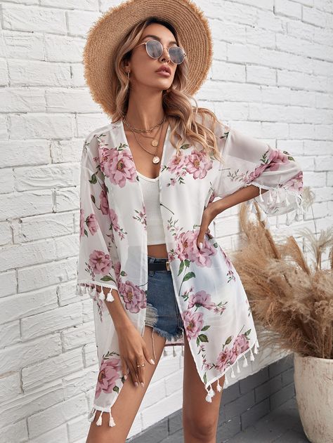 Multicolor   Three Quarter Length Sleeve Polyester Floral   Non-Stretch Spring/Summer Women Beachwear Kimono Summer Outfit, Summer Kimono Outfit, Outfit Kimono, Look Kimono, Crop Top Blanc, Kimono Floral, Kimono Outfit, Chiffon Kimono, Chiffon Floral