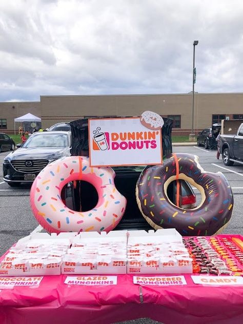 Dunkin Donuts Trunk Or Treat, Halloween Trunk Or Treat Ideas, Easy Trunk Or Treat Ideas, Easy Trunk Or Treat, Halloween Trunk Or Treat, Trunker Treat Ideas, Halloween Car Decorations, Dunkin Donut, Cricut Explore 3