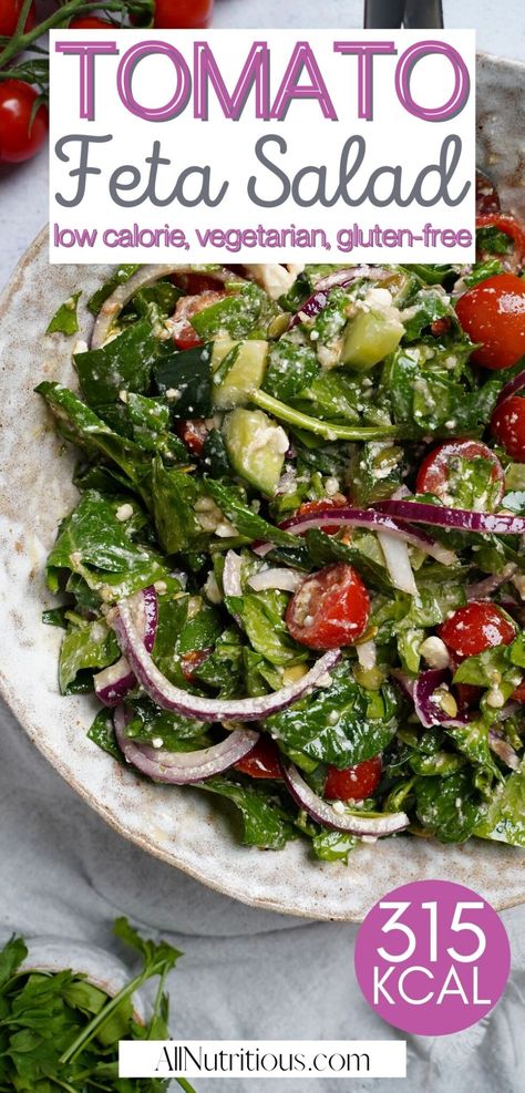 Spinach Salad Recipes Easy, Tomato Salad With Feta, Spinach Feta Salad, Salad With Feta Cheese, Low Calorie Salad, Spinach Tomato, Feta Cheese Salad, Side Salad Recipes, Spinach Salad Recipes