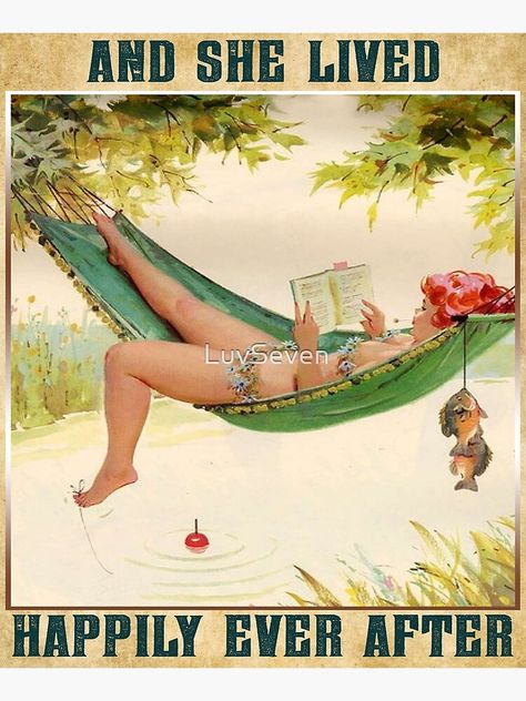 " Vintage Reading - And She Lived Happily Ever After " Mounted Print for Sale by LuvSeven | Redbubble Ever After Poster, After Poster, Poster Art Ideas, Hammock Beach, Beach Hammock, Printed Wall Art, Fishing Women, Book Posters, Canvas Wall Decor