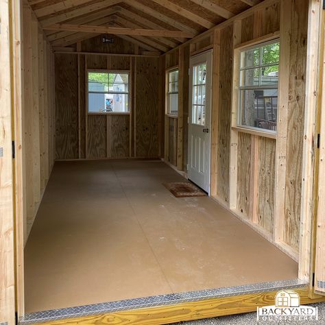 The interior of this Utility Shed is a great place to store your stuff or use an awesome crafting area! Crafting Area, Utility Shed, Gable Roof Design, Utility Sheds, Shed Door, Shed Sizes, Siding Options, Sheds For Sale, Backyard Buildings