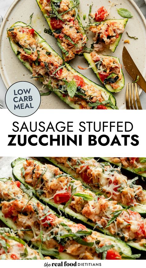 Sausage stuffed zucchini boats on plate with bite on fork Stuffed Zucchini Boats With Sausage, Sausage Stuffed Zucchini Boats, Homemade Creamy Italian Dressing, Zucchini Boat, Quick Summer Meals, Dietitian Recipes, Green Diet, Protein Veggies, Stuffed Zucchini Boats