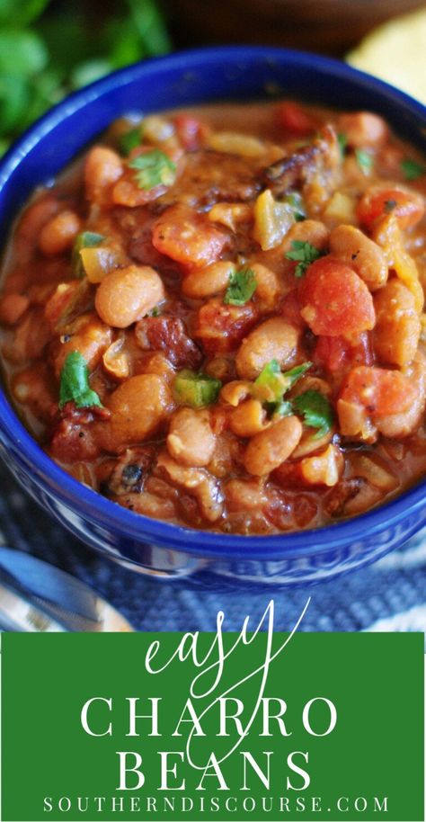 Easy Charro Beans (Mexican Pinto Beans) - southern discourse Instapot Charro Beans, Mexican Beans Easy, Barracho Beans Easy, Charro Bean Soup Recipe, Mexican Beans In Crockpot, Mexican Beans From Can, Chorro Beans Recipe, Churro Beans Recipe Mexican, Charo Beans Recipe Crockpot