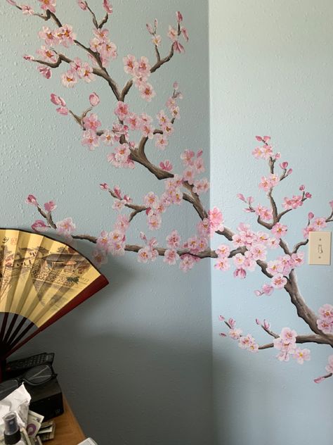 Cherry Blossom Tree Wall Mural, Ideas For Wall Painting Bedrooms, Cherry Blossom Tree Wall Painting, Cherry Blossom On Wall, Cherry Blossom Mural Painting, Cherry Blossom Mural Bedroom, Chinese Mural Art, Cherry Blossom Painting On Wall, Sakura Wall Painting