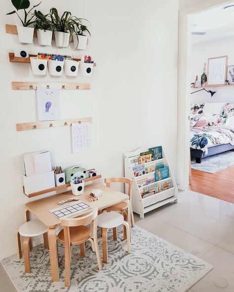 Kids art and craft space with wall storage, kids table and chairs and bookcase Kids Art Corner, Storage Ideas For Kids, Kids Craft Storage, Best Storage Ideas, Toy Room Storage, Craft Organisation, Living Room Playroom, Toy Storage Solutions, Room Organisation