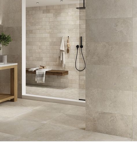 Beige Tile Bathroom, Bedroom Floor Tiles, Stone Tile Bathroom, Warm Bathroom, Sand Floor, Neutral Stone, Natural Bathroom, Timeless Bathroom, Stone Bathroom