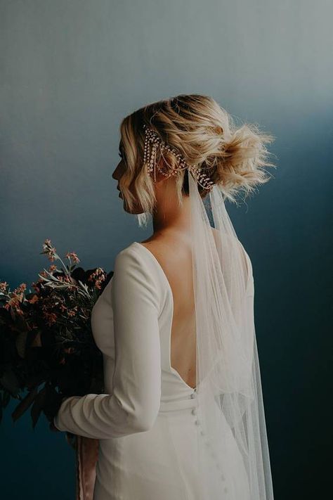 What's new & chic in alternative wedding veils? | Offbeat Bride Bridal Updo With Veil, Bohemian Veils, Drape Veil, Unique Veil, Wedding Haircut, Mikaella Bridal, Veil Styles, Bridal Photo, Beautiful Veil