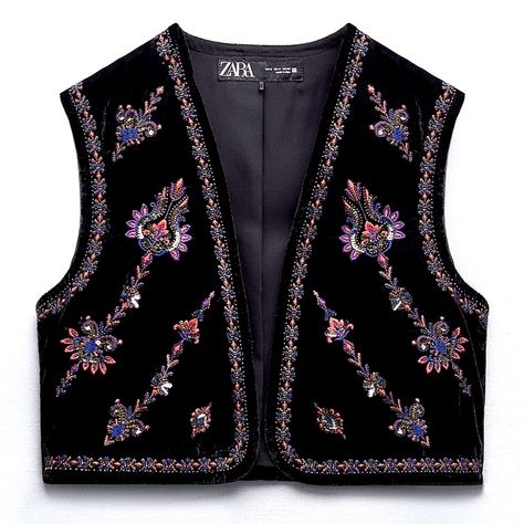 Zara Nwt Beaded Embroidered Velvet Vest Size M Black Cropped Open Front Vest. Contrasting Beading And Embroidery Detail. Outer Shell Main Fabric 100% Polyester Embroidery 93% Polyester 7% Metallised Fibre Lining 100% Polyester Imported Bundle And Save Eastern European Embroidery, Zara Embroidered Vest, Whimsigoth Birthday, Long Blazer Vest, Waistcoat Design, Beaded Vest, Waistcoat Designs, Faux Fur Gilet, Embroidered Vest