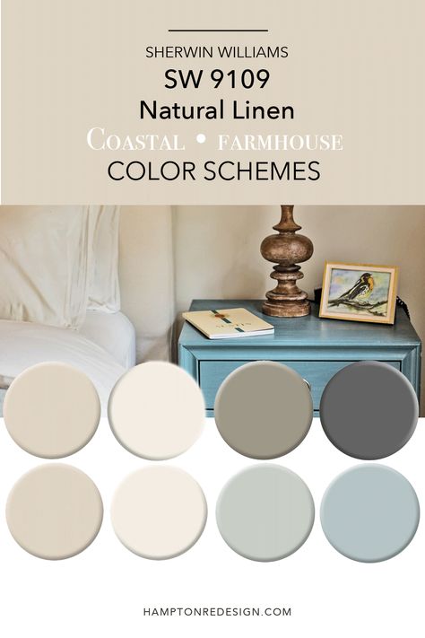 Try these coordinating color schemes using SW 9109 Natural Linen color paint. These two palettes are great for coastal and farmhouse themes to use throughout the house. Natural Linen is a perfect neutral paint color that can work in any home decor though. #sw9109 #naturallinen #sherwinwilliamspaintcolor Sw Farmhouse Color Palette, Cottage Interior Colors Paint Colours, Natural Linen Sherwin Williams Doors, Cottage Neutral Paint Colors, Sw Boho Paint Colors, Coordinating Neutral Paint Colors, Best Linen Paint Color, Living Room Paint Colors Farmhouse, Sw9109 Natural Linen