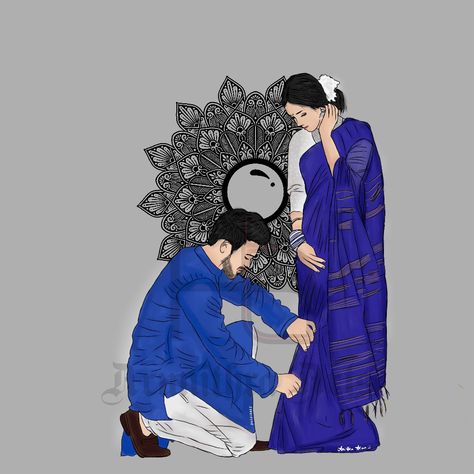 💙💙 Animated Couple Aesthetic, Bengali Couple Illustration Drawing, Indian Couple Drawing, Indian Couple Painting, Indian Couple Painting Romantic, Couple Mandala Art, Couple Painting Romantic, Sweet Couple Cartoon, Painting Romantic