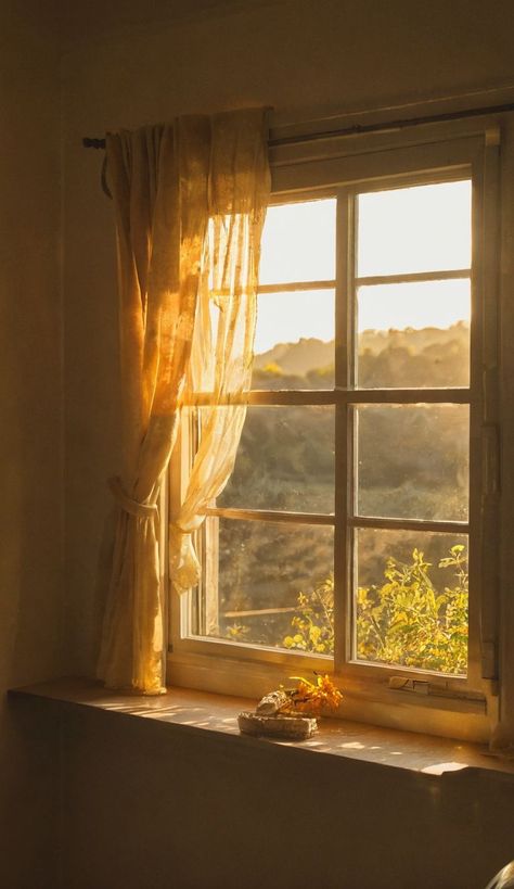 AI aesthetic window created by me 💛 Sunlight Through Window Aesthetic, Sun Through Window, Warmcore Aesthetic, Sunlight Through Window, Window View Aesthetic, Morning Window, Sunrise Window, Windows Aesthetic, Aesthetic Window