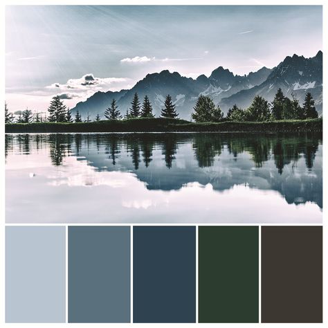 Seattle Color Palette, Rocky Mountain Color Palette, Mountain Cabin Color Palette, Alaska Color Palette, Mountain Mood Board, Mountain Color Palette, Scotland Mountains, Alaska House, Cold Lake