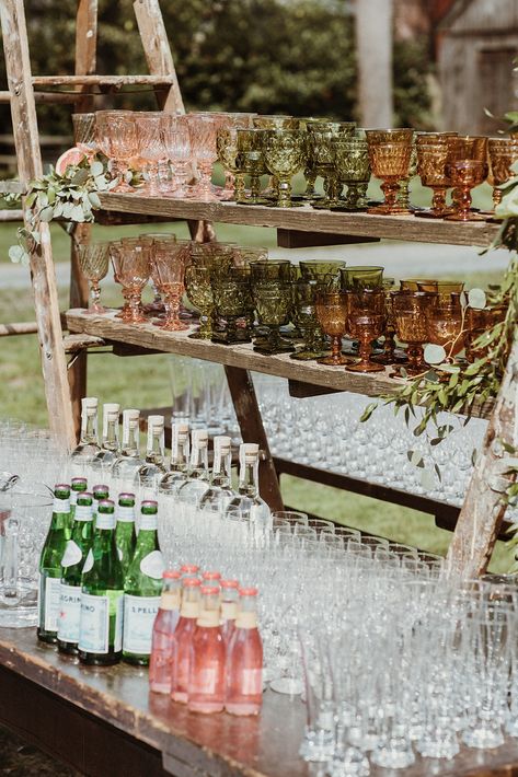 Vintage Glassware Wedding, Wedding Glassware, Forest Theme Wedding, Vintage Garden Wedding, Backyard Reception, Cottage Wedding, Back Bar, Garden Party Wedding, Bridal Brunch