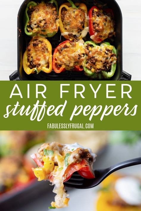 Tasty and quick stuffed peppers in the air fryer are the perfect weekday meal! Stuffed Bell Peppers Small Batch, Fresh And Lean Recipes, Air Fryer Recipes Healthy Dinners Beef, Stuffed Peppers Air Fryer Recipes, Easy Stuffed Bell Peppers Air Fryer, Air Fry Stuffed Bell Peppers, Air Fryer Recipes With Ground Beef, Cheap Healthy Air Fryer Meals, Easy Weeknight Dinners Healthy Air Fryer