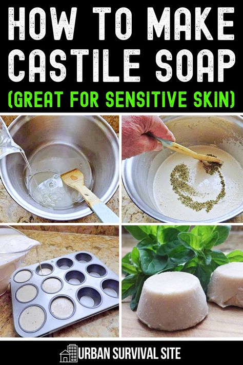 While some soap recipes are complex, Castile soap is actually quite simple. The primary benefit of Castile soap is its gentleness. That’s largely due to the fact that it’s made with olive oil and has no harsh additives or chemicals that show up in other types of soap.  It’s used for both bathing and laundering and doesn't strip away essential oils from the body when used. Here's how to make castile soap from scratch. Castile Soap Dilution Cheat Sheet, How To Make Castile Soap, Diy Castile Soap Recipes, Cold Press Soap Recipes For Beginners, Simple Soap Recipes, Diy Liquid Castile Soap, Diy Castile Soap, Make Castile Soap, Homemade Loofah Soap