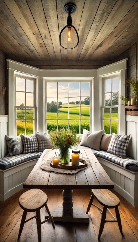 21 Bay Window Decorating Ideas That Will Transform Your Space 🌟✨ Cottagecore Bay Window, Banquette Seating In Kitchen Bay Window, Farmhouse Bay Window, Gingham Cushions, Bay Window Seat Ideas, Bay Window Seating, Bay Window Seating Kitchen, Bay Window Decorating Ideas, Window Decorating Ideas