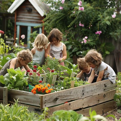 Outside With Kids Aesthetic, Montessori Outdoor Playground, Garden Vision Board Pictures, Garden Asthetics Photos, Homesteading Uk, Homestead Asethic, Vision Board Garden, Slow Living With Kids, Playing With Kids Aesthetic