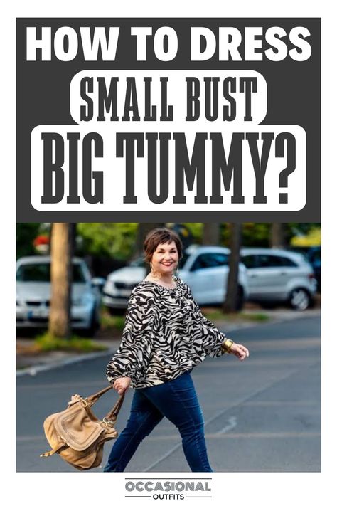 Woman with small bust big tummy walking happy Big Midsection Outfits, Styling For Big Belly, Small Bust Big Tummy Outfits, How To Hide Your Big Tummy, Dressing With A Belly Pooch, How To Dress A Mom Pooch, Mommy Pooch Outfit, How To Dress When You Have A Big Belly, Flattering Outfits For Big Stomach